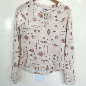 Rank 45 Western Aztec Print Popover Long Sleeve Henley Top Cream Tan M Medium